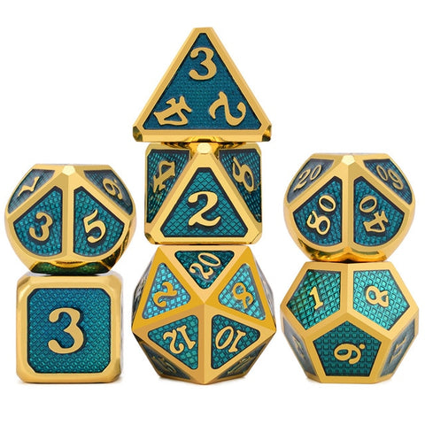 7 Piece Metal Dice Set - Turquoise & Gold